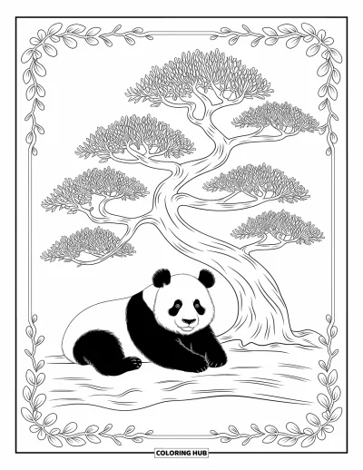 Panda-Ausmalbild für Erwachsene: Ein Panda läuft durch alte Ruinen, mit geschnitzten Steinmustern, die eine ruhige, zeitlose Atmosphäre schaffen
