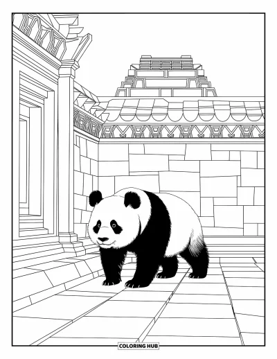 Panda-Ausmalbild für Erwachsene: Ein Panda geht durch alte Tempelruinen, umgeben von kunstvoll geschnitzten Steinmustern