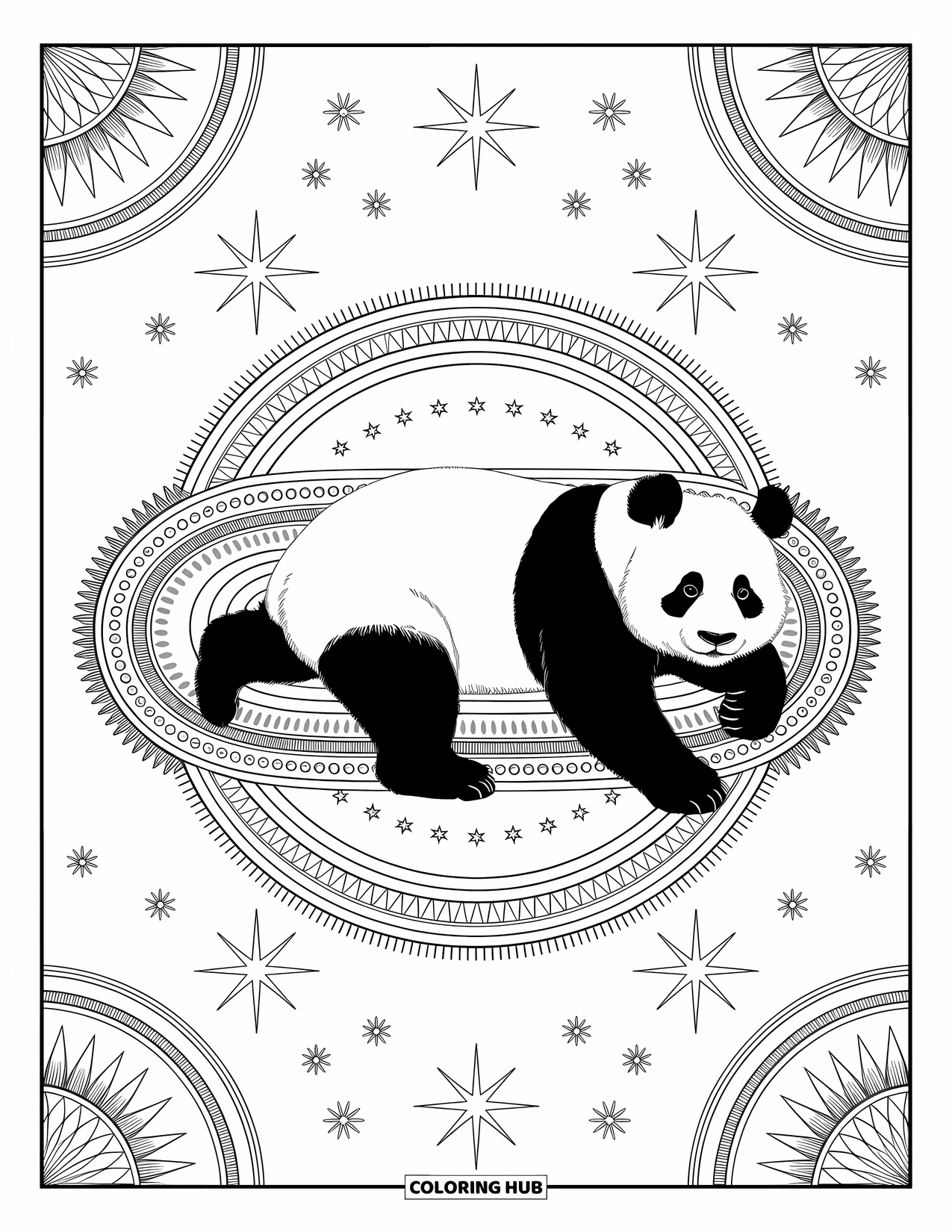 Panda Kleurplaat voor Volwassenen: Een vredige panda ligt op een elegant vloerkleed, met hemelse motieven en wervelende patronen die de scène verfraaien