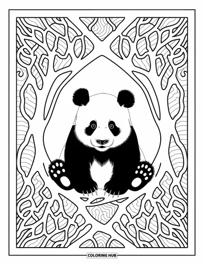 Panda-Ausmalbild für Erwachsene: Ein friedlicher Panda liegt zwischen gedrehten Baumwurzeln, mit feinen Mustern in harmonischer Szene
