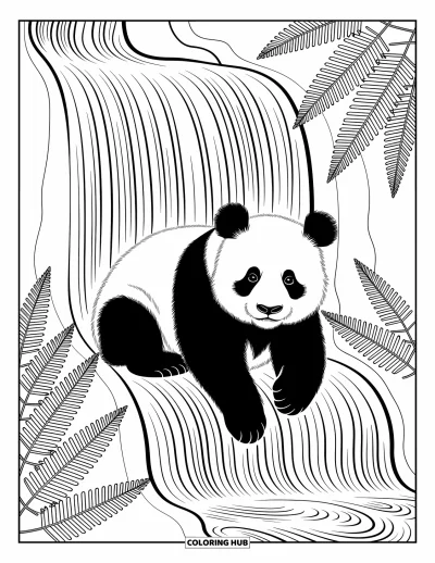 Panda-Ausmalbild für Erwachsene: Ein friedlicher Panda ruht unter einem herabstürzenden Wasserfall, umgeben von fließendem Wasser und üppigen Farnen