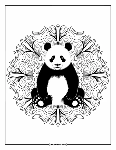Panda-Ausmalbild für Erwachsene: Ein friedlicher Panda ruht in einem Mandala, eingerahmt von zarten floralen und ornamentalen Motiven
