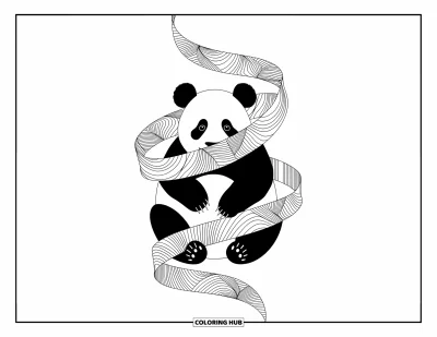 Panda-Ausmalbild für Erwachsene: Ein friedlicher Panda ruht in einem wirbelnden Band aus Mustern, das Natur und Abstraktion verbindet