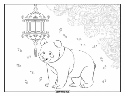 Panda-Ausmalbild für Erwachsene: Ein friedlicher Panda steht unter einer kunstvollen Laterne, während dekorative Muster den Hintergrund füllen
