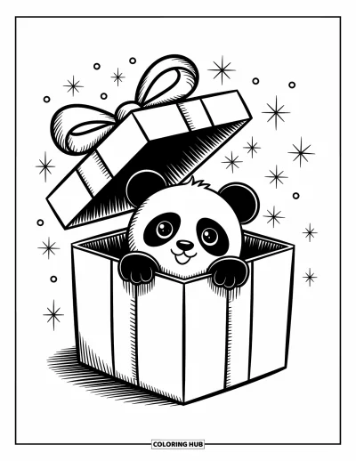 Panda-Ausmalbild für Erwachsene: Ein verspielter Panda springt aus einer Geschenkbox, umgeben von Konfetti und kleinen Glitzerpunkten