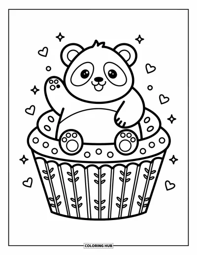 Panda-Ausmalbild für Erwachsene: Ein verspielter Panda sitzt in einem riesigen Cupcake, hebt eine Pfote, während Glitzern und Bonbons vorbeischweben