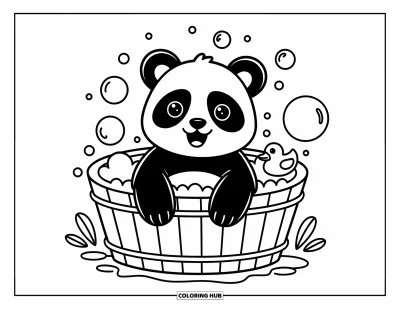 Panda-Ausmalbild für Erwachsene: Ein verspielter Panda planscht in einer Holzwanne voller Schaum, neben ihm eine kleine Gummiente