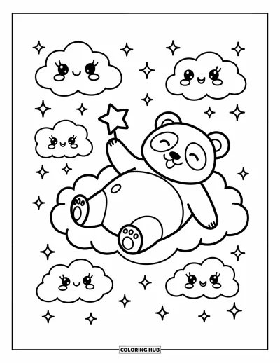 Panda-Ausmalbild für Erwachsene: Ein entspannter Panda streckt sich auf einer flauschigen Wolke, hält einen kleinen Stern, umgeben von Glitzern