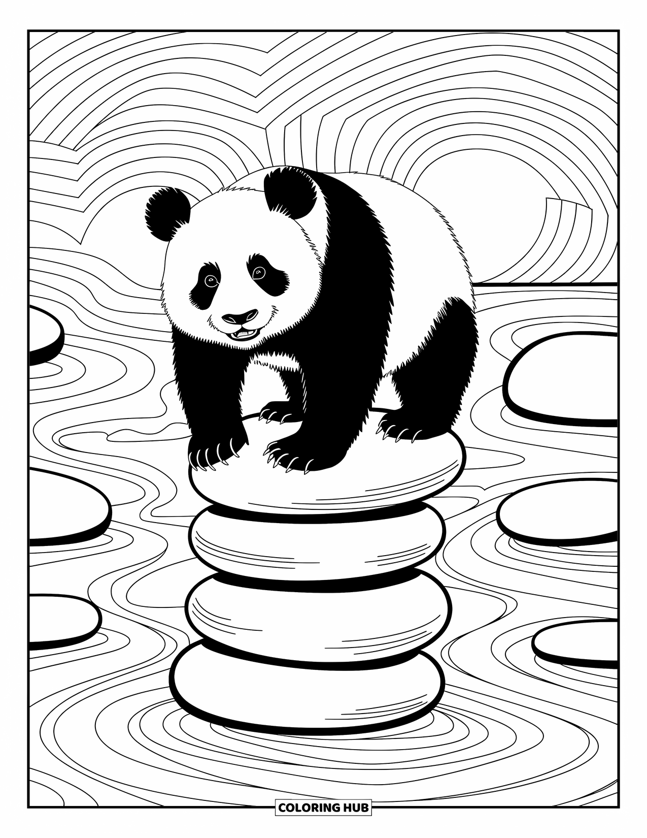 Panda Kleurplaat voor Volwassenen: Een serene panda balanceert op rivierstenen terwijl stromend water en ingewikkelde patronen de scène vullen