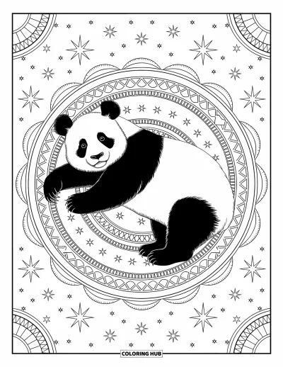 Panda-Ausmalbild für Erwachsene: Ein ruhiger Panda ruht auf einem gemusterten Teppich, mit Sternbildern und wirbelnden Himmelsdetails