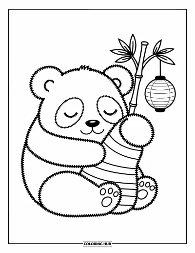 Panda-Ausmalbild für Erwachsene: Ein schläfriger Panda umarmt ein weiches Bambuskissen, an einem nahen Bambusstängel hängt eine kleine Laterne