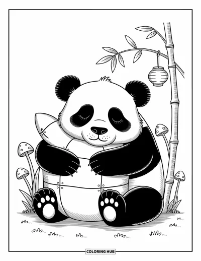 Panda-Ausmalbild für Erwachsene: Ein schläfriger Panda umarmt ein weiches Bambuskissen, an einem nahen Bambusstängel hängt eine kleine Laterne
