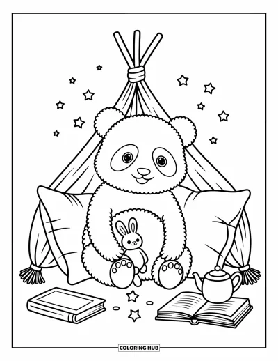 Panda-Ausmalbild für Erwachsene: Ein schläfriger Panda liegt in einer Kissenburg, kuschelt einen kleinen Hasen, umgeben von Sternen und Büchern