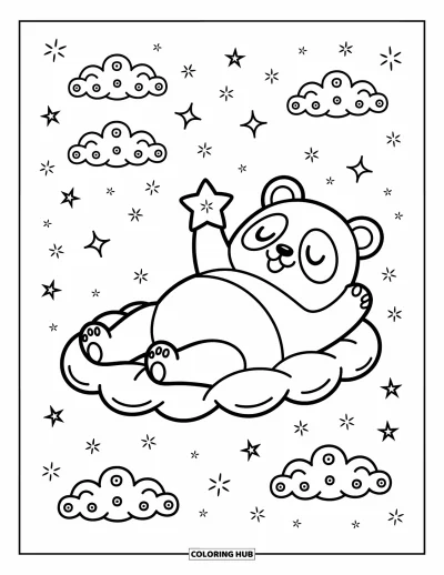 Panda-Ausmalbild für Erwachsene: Ein schläfriger Panda ruht auf einer flauschigen Wolke, hält einen kleinen Stern, umgeben von schwebendem Glitzern