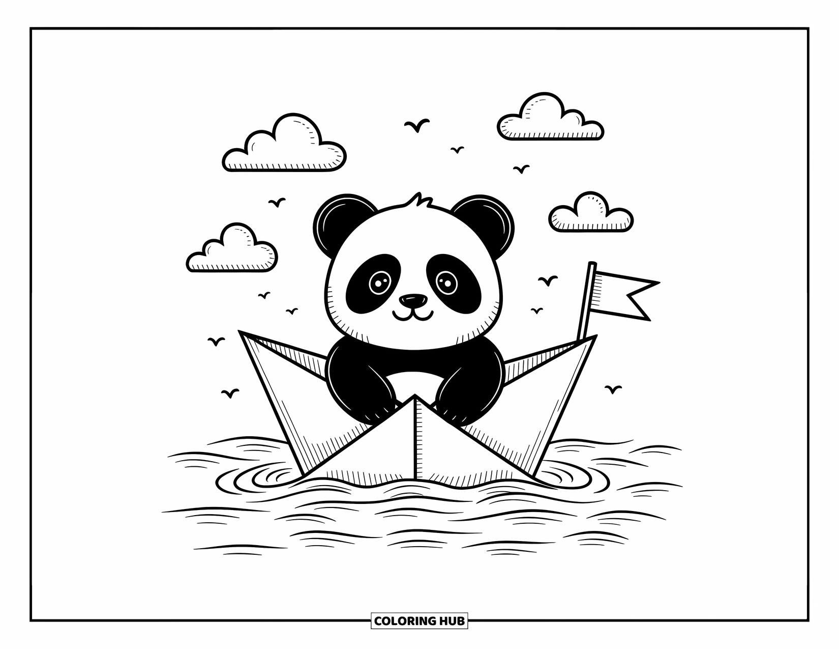 Panda Kleurplaat voor Volwassenen: Een kleine panda drijft in een gevouwen papieren bootje, zachtjes drijvend op golvend water onder een hemel van vogels