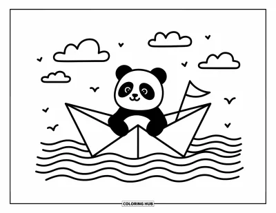 Panda-Ausmalbild für Erwachsene: Ein winziger Panda treibt in einem Papierboot auf welligem Wasser unter einem Himmel mit Vögeln und Wolken