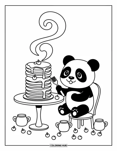 Panda-Ausmalbild für Erwachsene: Ein winziger Panda schaut zu einem Pfannkuchenstapel hinauf, umgeben von Honig, Obst und verspieltem Dampf