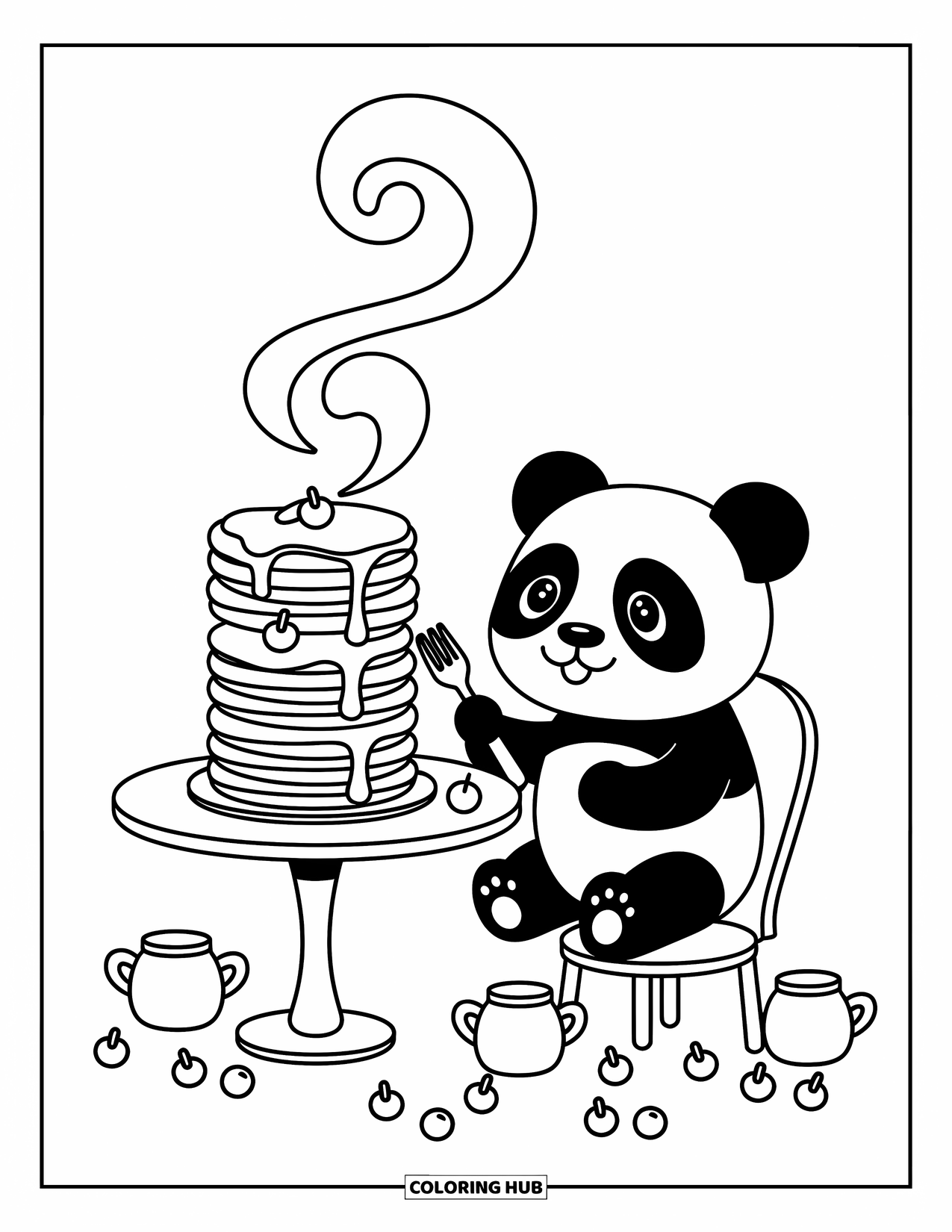 Panda Kleurplaat voor Volwassenen: Een kleine panda kijkt op naar een stapel pannenkoeken, omringd door honing, fruit en speelse stoomwervelingen