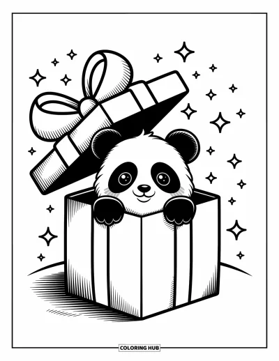 Panda-Ausmalbild für Erwachsene: Ein winziger Panda schaut aus einer Geschenkbox, während Konfetti und Glitzern eine festliche Note geben