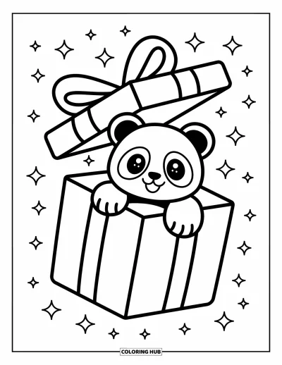 Panda-Ausmalbild für Erwachsene: Ein winziger Panda sitzt in einer Geschenkbox mit großer Schleife, während Konfetti und Glitzern schweben