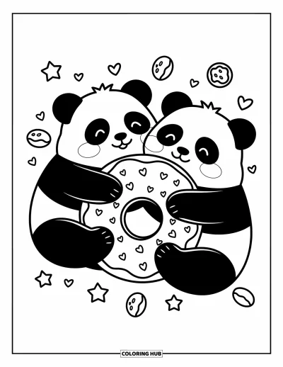 Panda-Ausmalbild für Erwachsene: Zwei rundliche Pandas umarmen einen riesigen Donut, umgeben von schwebenden Sternen, Herzen und kleinen Süßigkeiten