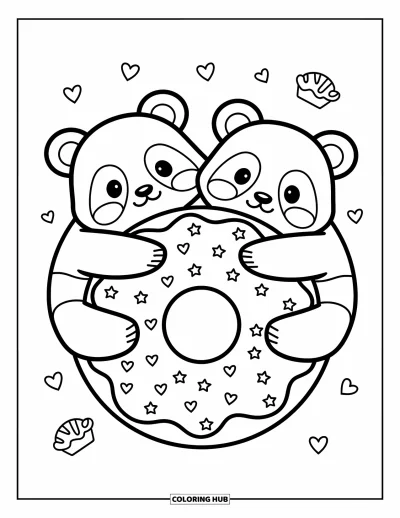 Panda-Ausmalbild für Erwachsene: Zwei rundliche Pandas umarmen einen riesigen Donut, umgeben von schwebenden Sternen, Herzen und kleinen Süßigkeiten