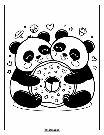 Panda-Ausmalbild für Erwachsene: Zwei Pandas halten einen riesigen Donut, ihre kleinen Pfoten reichen kaum herum, während Süßigkeiten schweben