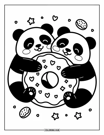 Panda-Ausmalbild für Erwachsene: Zwei Pandas umarmen fröhlich einen riesigen Donut mit Sternen und Herzen, umgeben von verspielten Leckereien