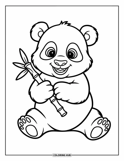 Panda-Ausmalbild für Kinder: Ein Panda-Baby hält ein Stück Bambus fest, sein rundes Gesicht strahlt vor Freude