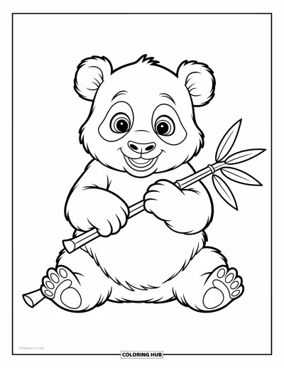 Panda-Ausmalbild für Kinder: Ein Panda-Baby sitzt glücklich da und hält mit beiden Pfoten ein Stück Bambus