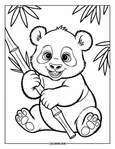 Panda-Ausmalbild für Kinder: Ein Panda-Baby sitzt auf dem Boden und knabbert vergnügt an einem Bambusstängel