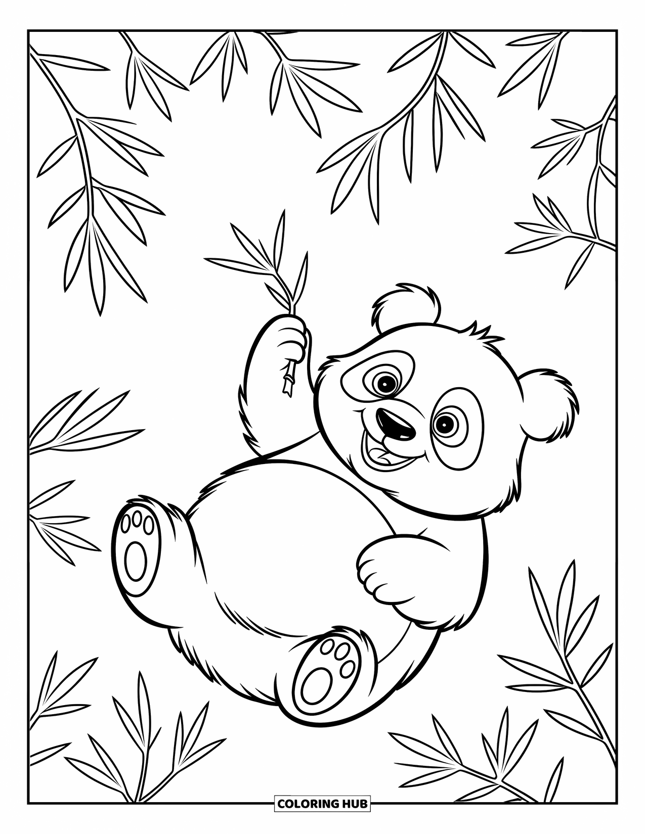 Panda Kleurplaat voor Kinderen: Een vrolijke panda ligt op zijn rug en grijpt met plezier een bamboescheut vast