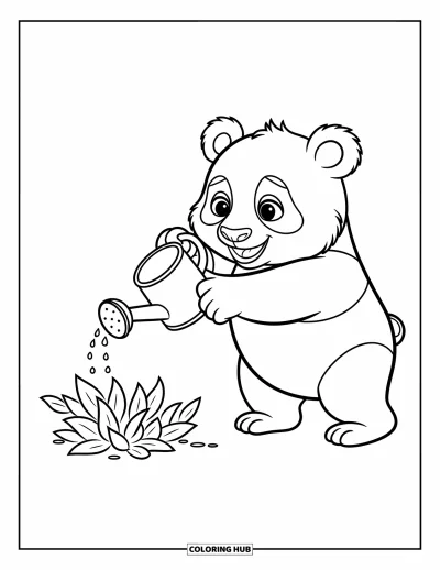 Panda-Ausmalbild für Kinder: Ein fröhlicher Panda sprenkelt Wasser auf eine Pflanze, seine kleine Gießkanne wirkt besonders niedlich