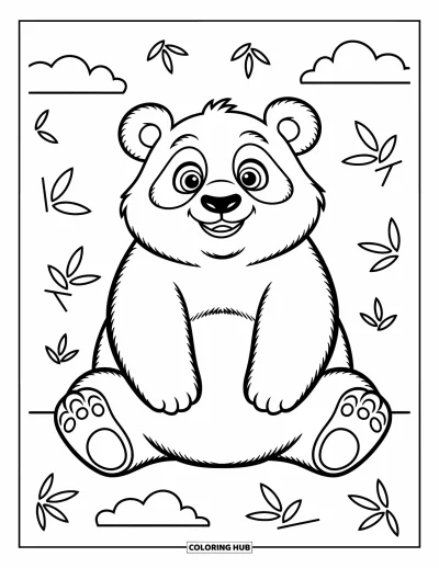 Panda-Ausmalbild für Kinder: Ein rundlicher Panda sitzt mit gespreizten Beinen und schaut mit großen, neugierigen Augen nach oben
