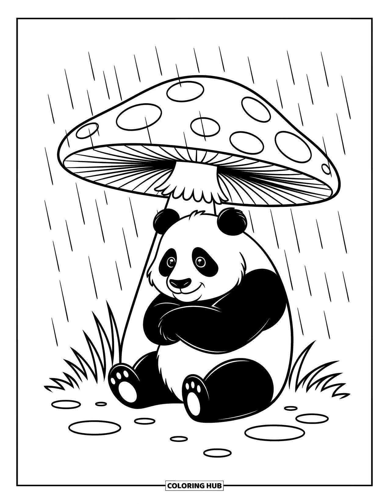Panda Kleurplaat voor Kinderen: Een gezellige panda krult zich op onder een grote paddenstoel en gebruikt de hoed als schuilplaats tegen de regen