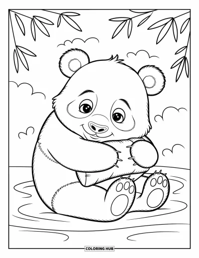 Panda-Ausmalbild für Kinder: Ein kuscheliger Panda umarmt ein kleines Kissen und macht es sich für ein ruhiges Nickerchen bequem