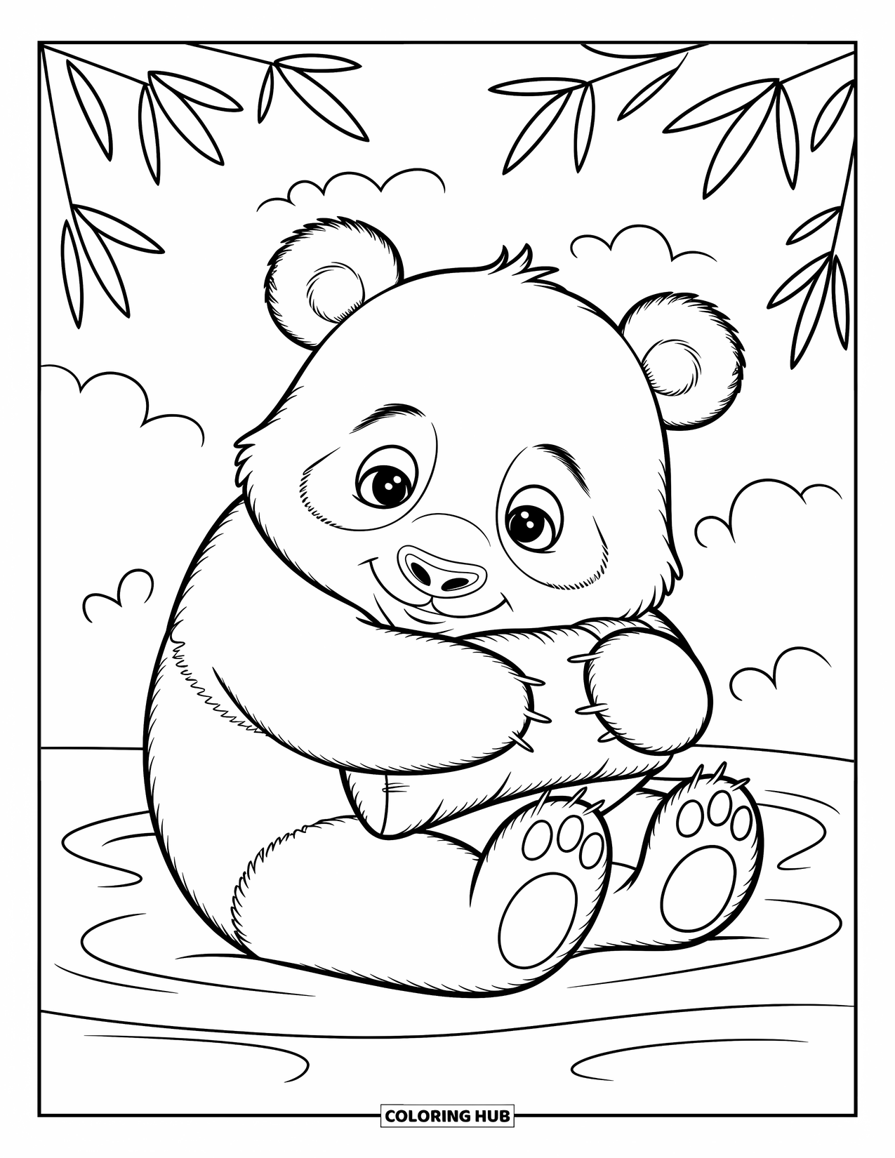 Panda Kleurplaat voor Kinderen: Een knuffelige panda omhelst een klein kussen en maakt zich klaar voor een rustgevend dutje