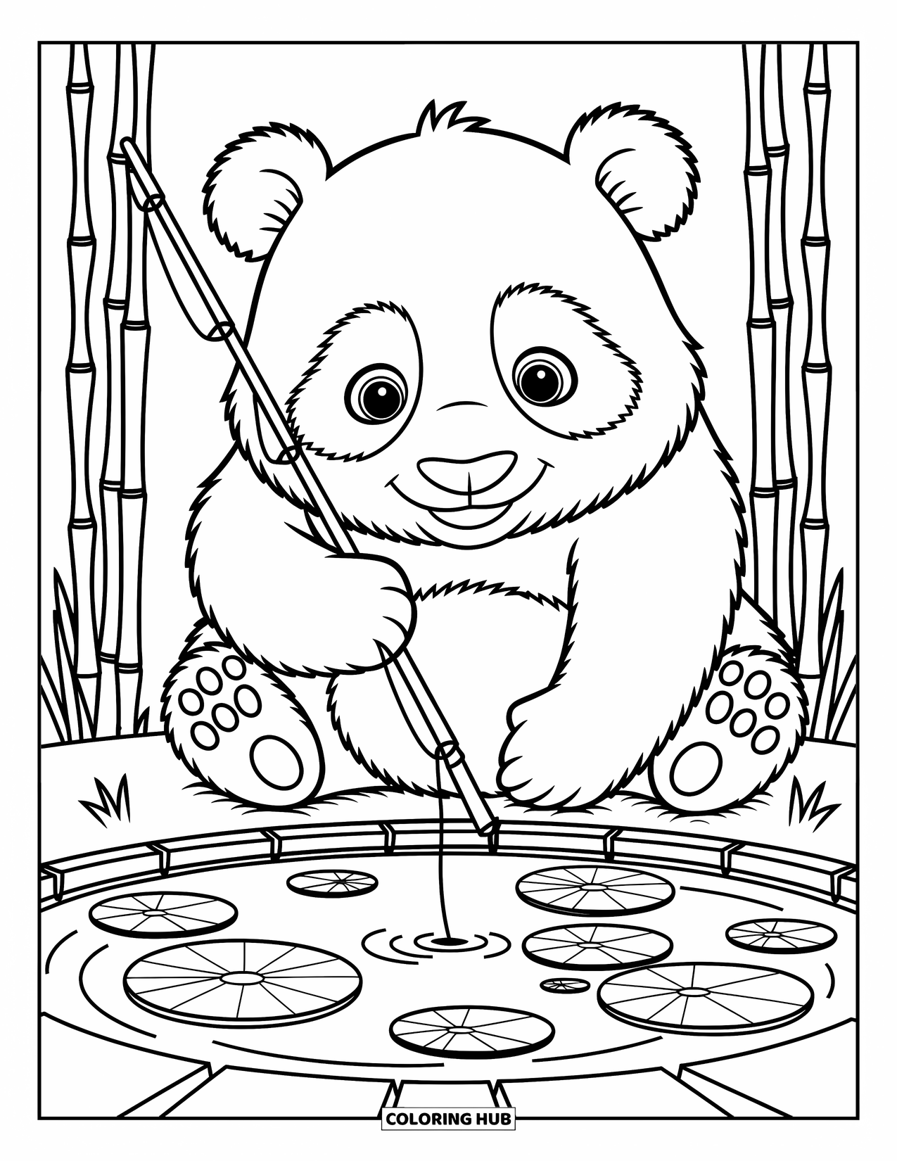 Panda Kleurplaat voor Kinderen: Een nieuwsgierige panda vist in een vijver, omringd door speelse rimpelingen en bloeiende bloemen