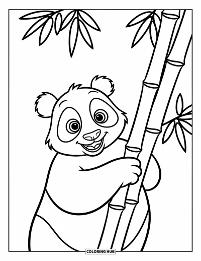 Panda-Ausmalbild für Kinder: Ein neugieriger Panda versteckt sich hinter einem Bambusstängel und schaut fröhlich hervor