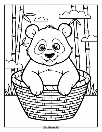 Panda-Ausmalbild für Kinder: Ein neugieriger Panda schaut aus einem geflochtenen Korb hervor, umgeben von weichen Bambusblättern und Wolken