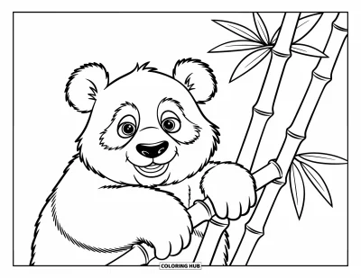 Panda-Ausmalbild für Kinder: Ein neugieriger Panda legt seine Pfoten auf einen riesigen Bambusspross und schaut nach oben
