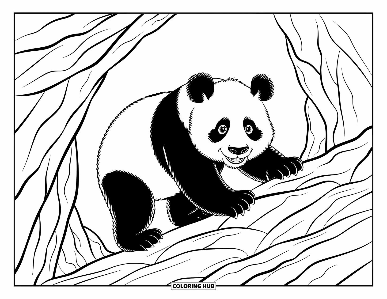 Panda Kleurplaat voor Kinderen: Een vastberaden panda beklimt grillige rotsen, omringd door wervelende wijnranken en zwevende bamboebladeren