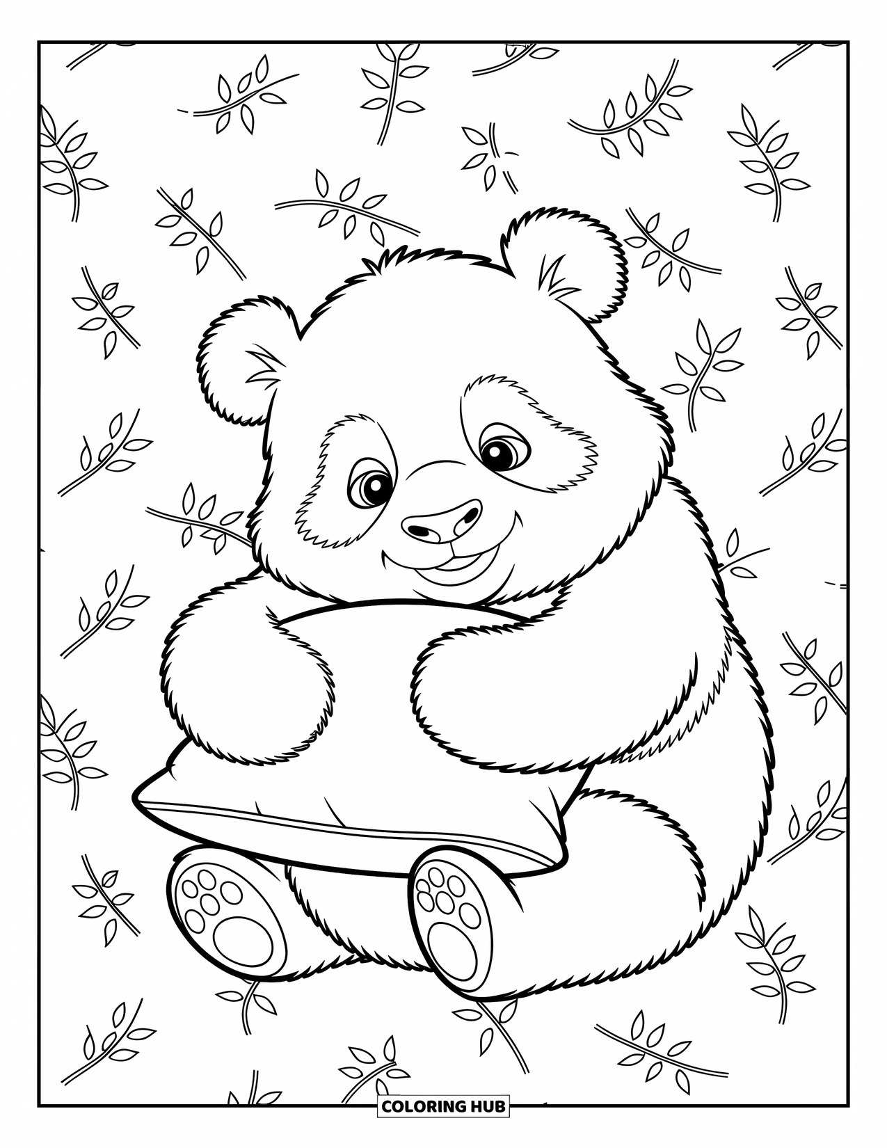 Panda Kleurplaat voor Kinderen: Een pluizige panda rust met een klein kussen, omringd door zachte bamboebladeren