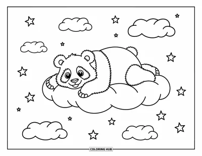 Panda-Ausmalbild für Kinder: Ein flauschiger Panda streckt sich träge auf einer weichen Wolke, umgeben von funkelnden Sternen