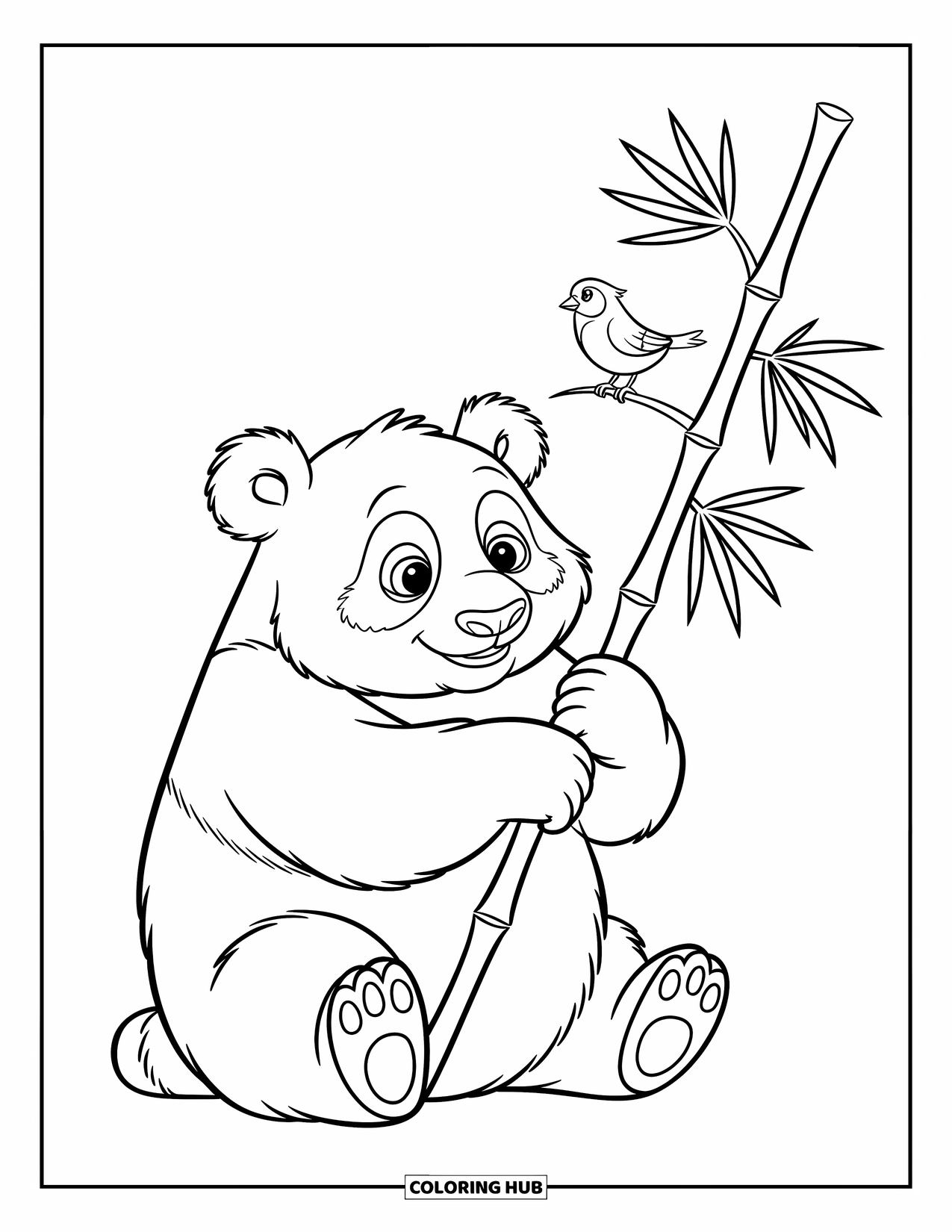 Panda Kleurplaat voor Kinderen: Een zachte panda houdt een bamboestengel vast, zijn ogen gericht op een klein vogeltje erboven