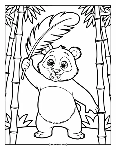 Panda-Ausmalbild für Kinder: Ein glücklicher Panda hält eine riesige Feder und schwingt sie begeistert durch die Luft