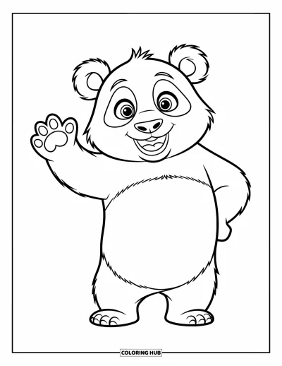 Panda-Ausmalbild für Kinder: Ein fröhlicher Panda steht aufrecht und winkt mit einer Pfote zur freundlichen Begrüßung
