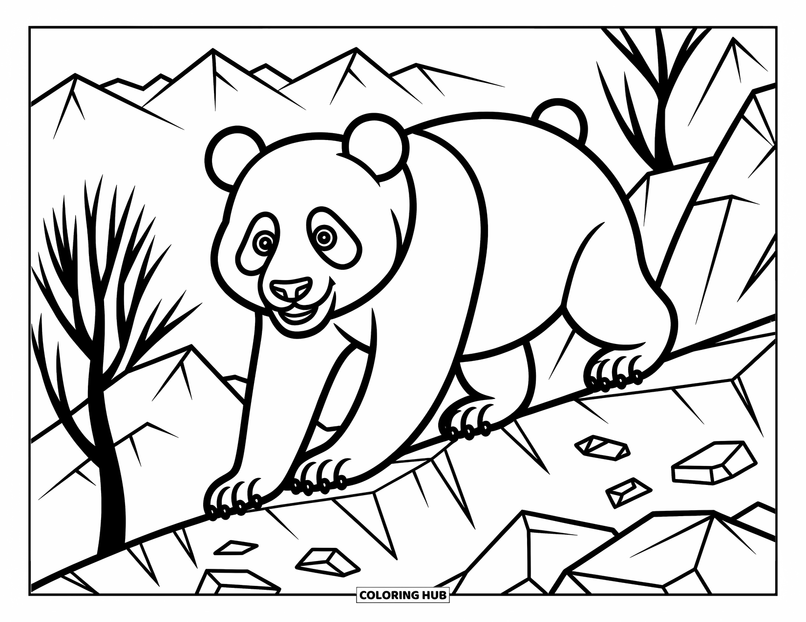 Panda Kleurplaat voor Kinderen: Een panda beklimt een rotsachtig pad, omlijst door kale bomen en verspreide stenen in een avontuurlijke omgeving