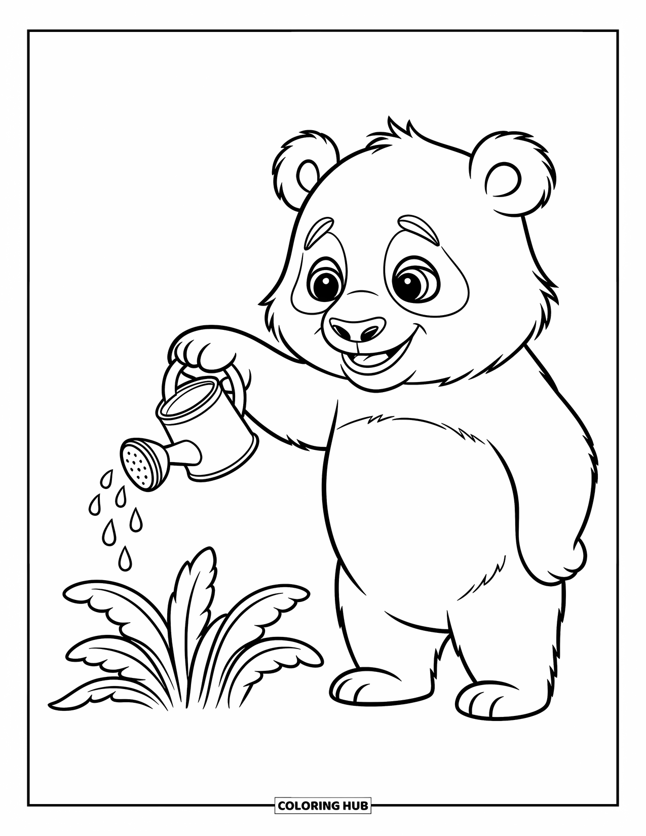 Panda Kleurplaat voor Kinderen: Een panda geeft voorzichtig water aan een plant, zijn zachte aanraking brengt de bladeren tot leven in een lieflijke scène