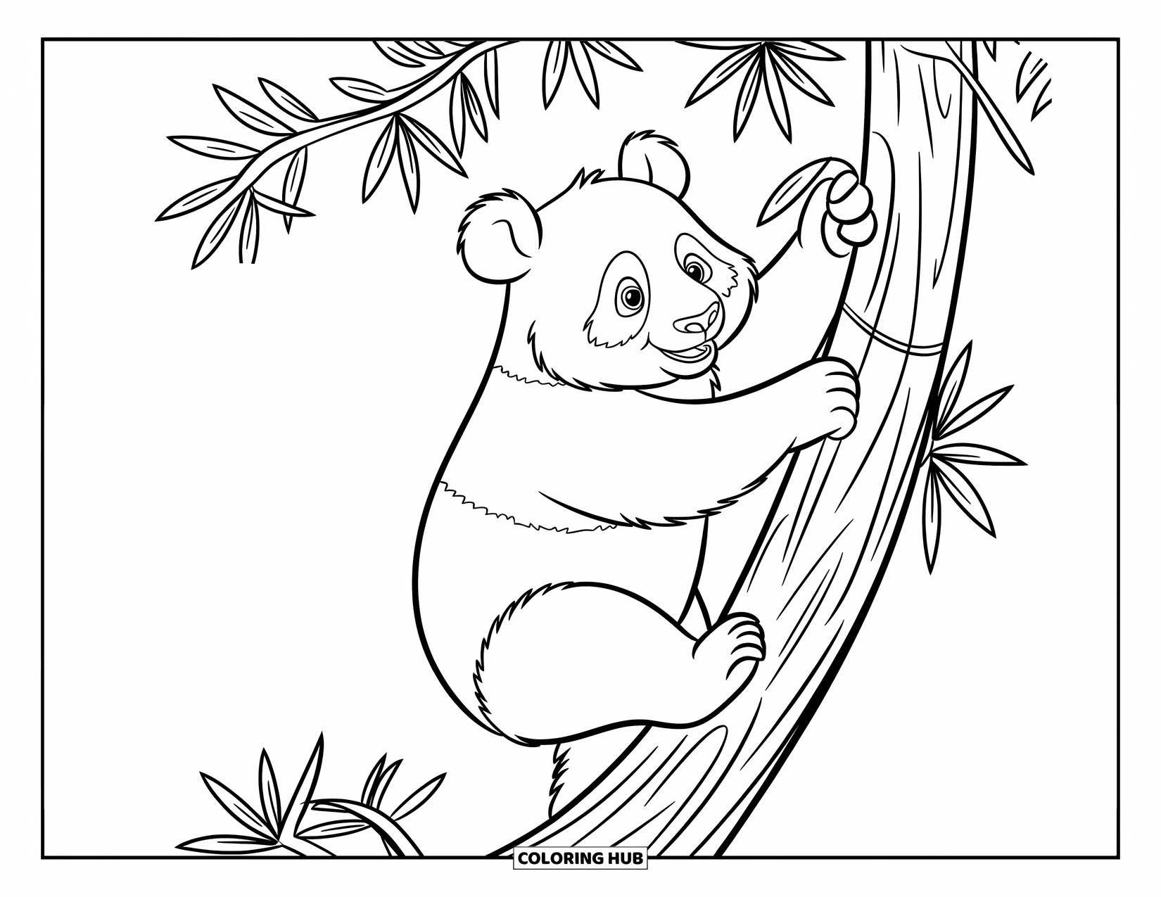 Panda Kleurplaat voor Kinderen: Een panda beklimt een stevige boom en reikt met een vastberaden greep naar bamboebladeren